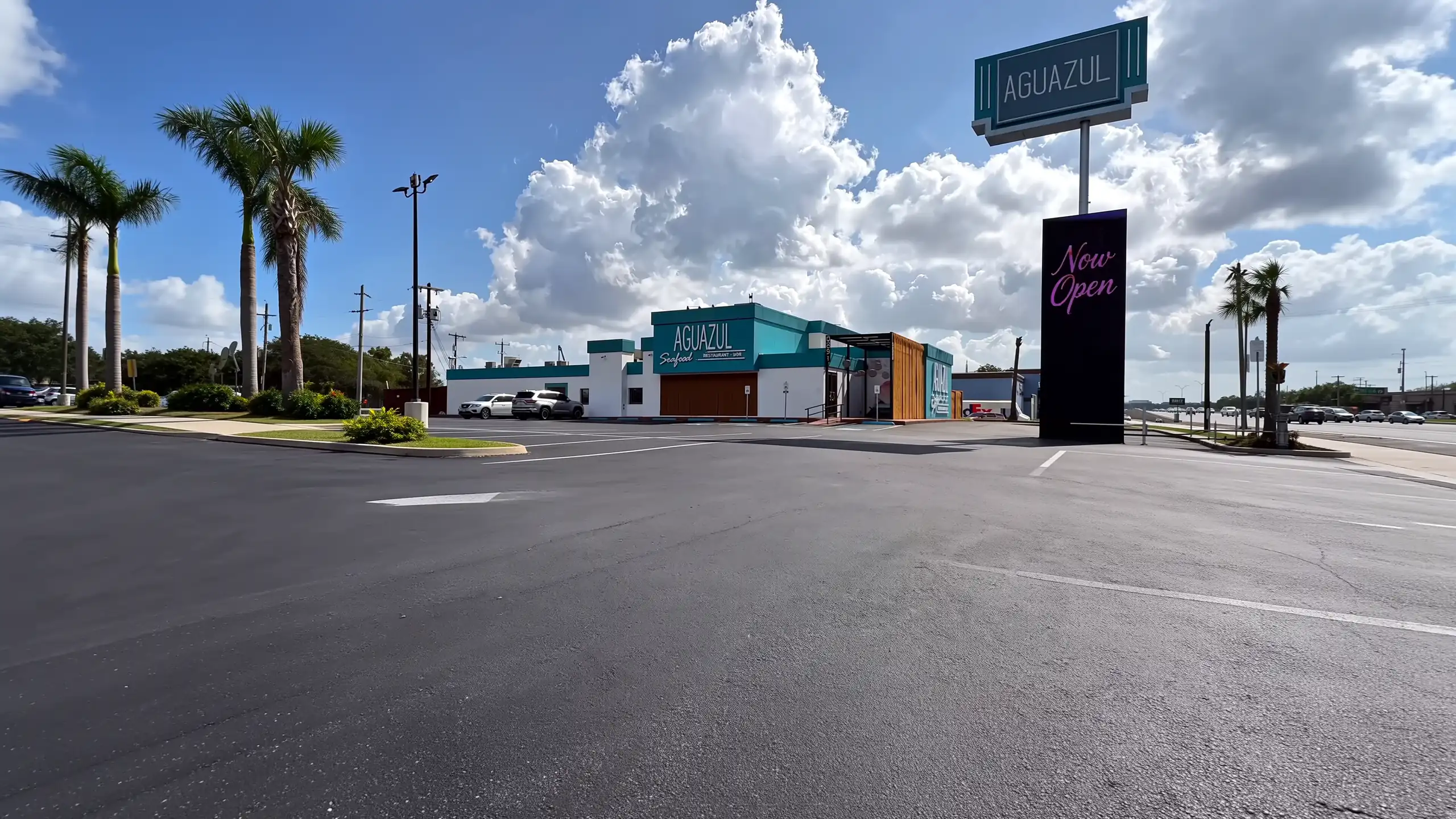 Aguazul Seafood Restaurant + Bar — teal storefront under a bright Texas sky on NW Loop 410, San Antonio